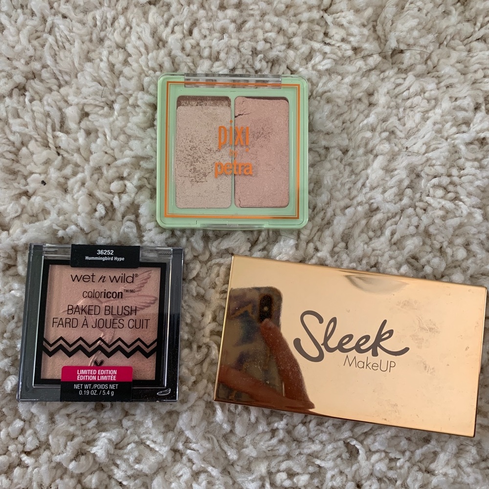 WetnWild blush and Sleek Makeup/Pixi highlighters